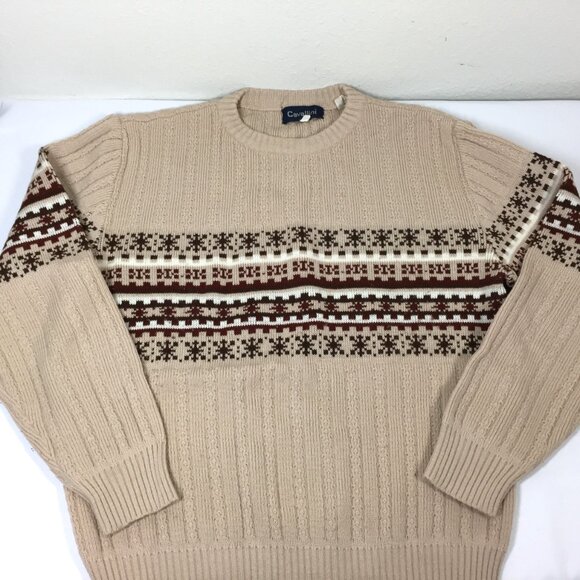 Vintage 1970s 80s Sweater Mens Medium Fair Isle Stripe Brown Tan - Picture 4 of 5